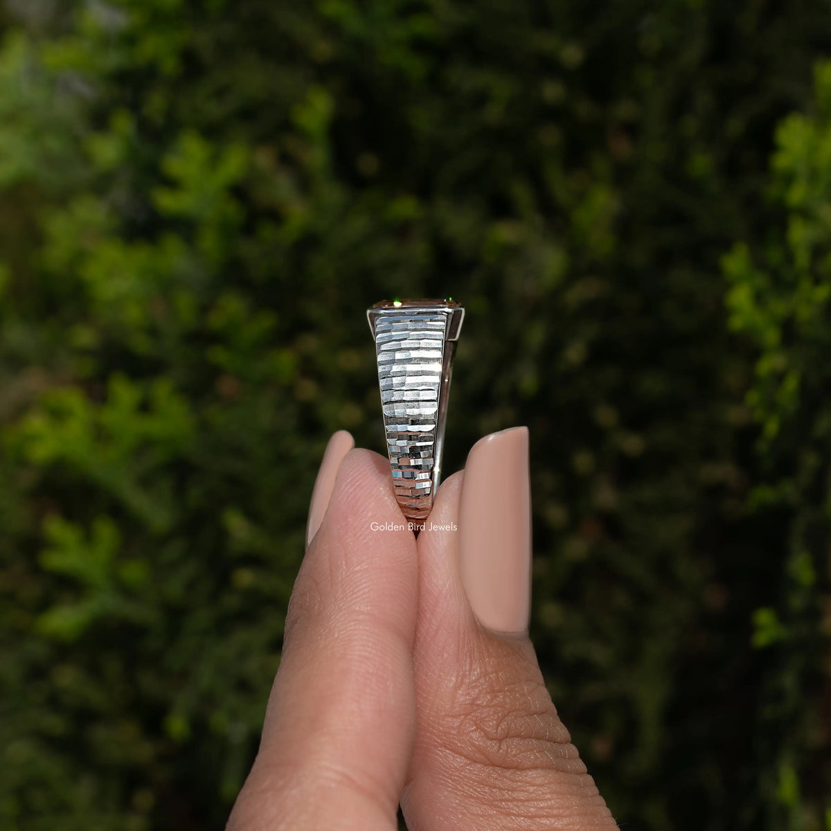 925 sterling silver ring side view with baguette row setting and prongs