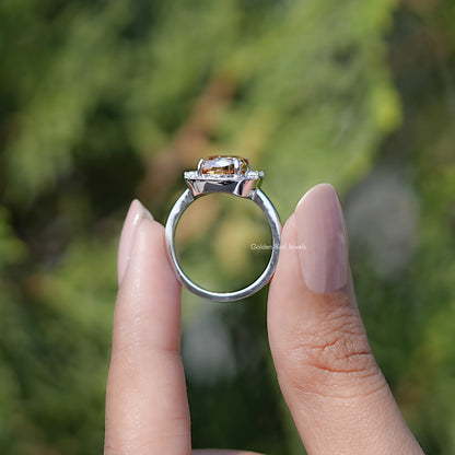 Back view of Criss Cut Cushion Moissanite Halo Engagement Ring in secure setting 
