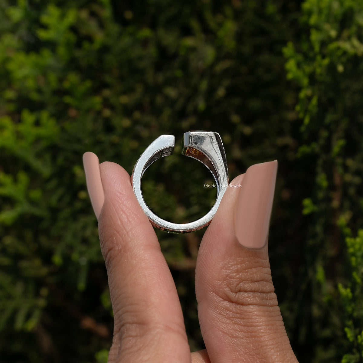 925 sterling silver ring with open back band and square brown center stone