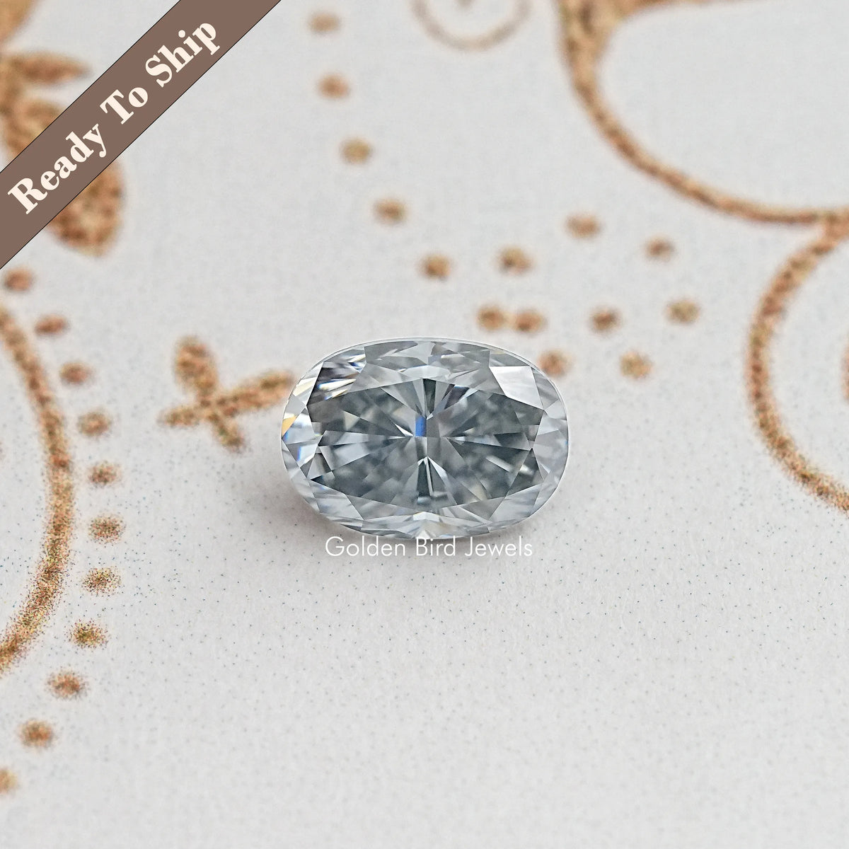 Grey crushed-ice oval moissanite gemstone, centered and faceted