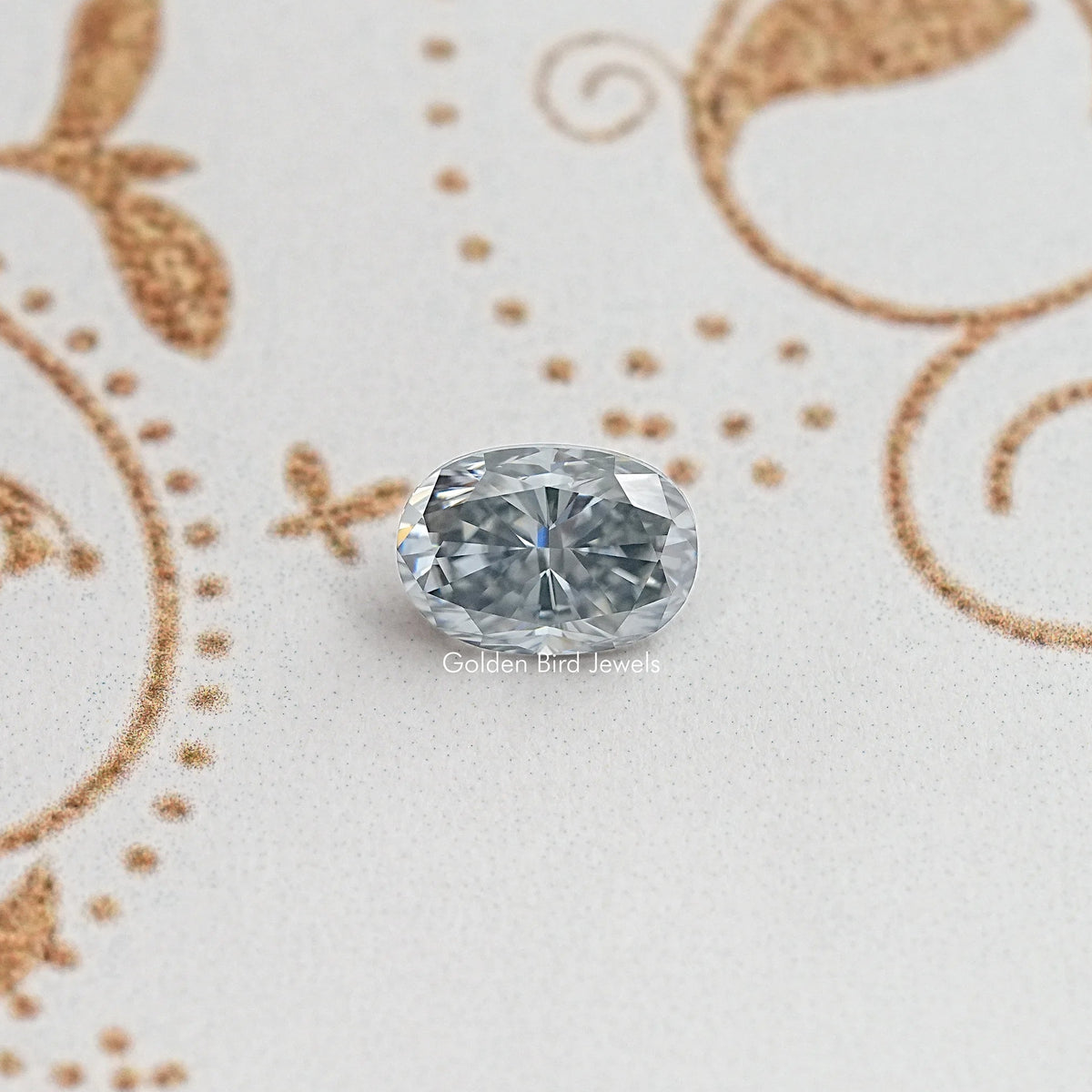 Grey crushed-ice oval moissanite gemstone, faceted sparkle