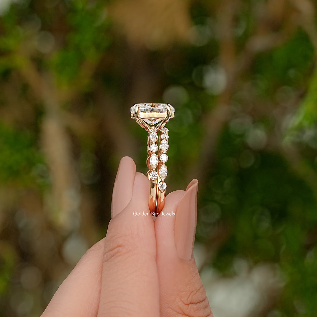 Oval-cut moissanite bridal ring set with double pavé band