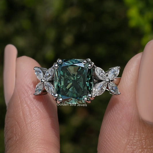 925 sterling silver cushion-cut moissanite ring with green center and marquise accents