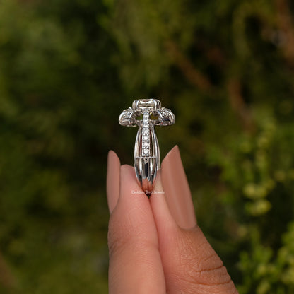 Sterling silver cushion-cut moissanite ring side view showing prong basket setting