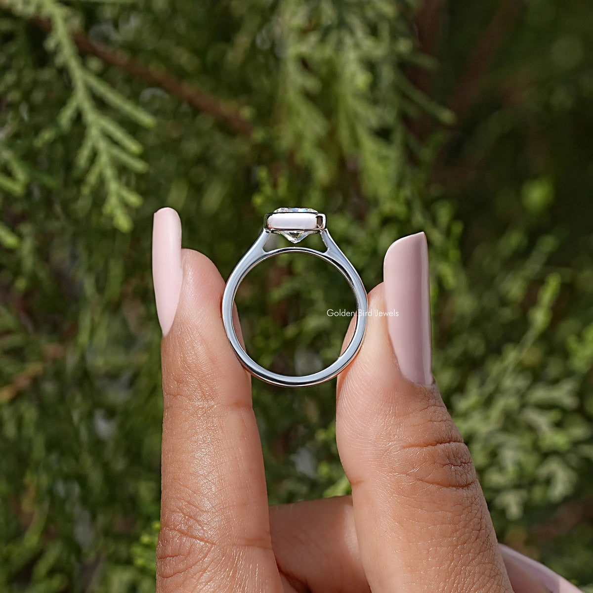 925 sterling silver cushion moissanite bezel promise ring, side view on fingers