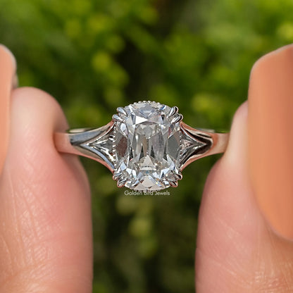 Cushion-cut diamond split-shank ring close-up, multi-prong halo setting