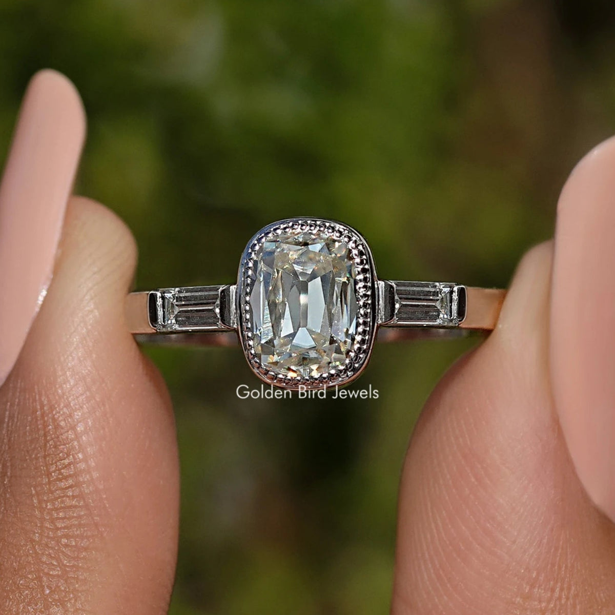 925 sterling silver three-stone ring, elongated cushion center moissanite