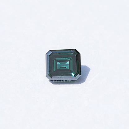 Loose dark green Asscher-cut moissanite gemstone, square step facets