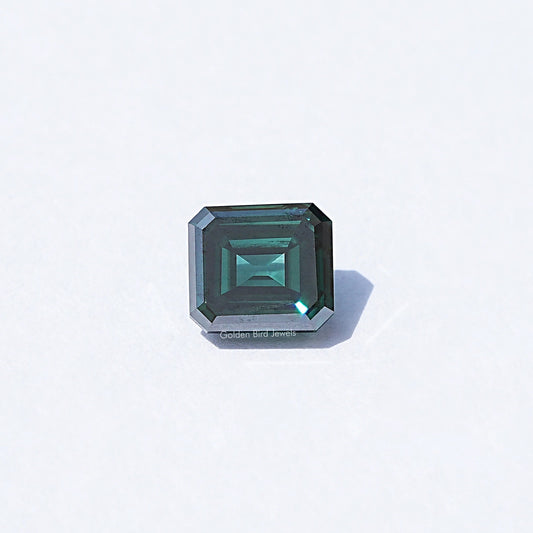 Loose dark green Asscher-cut moissanite gemstone, square step facets