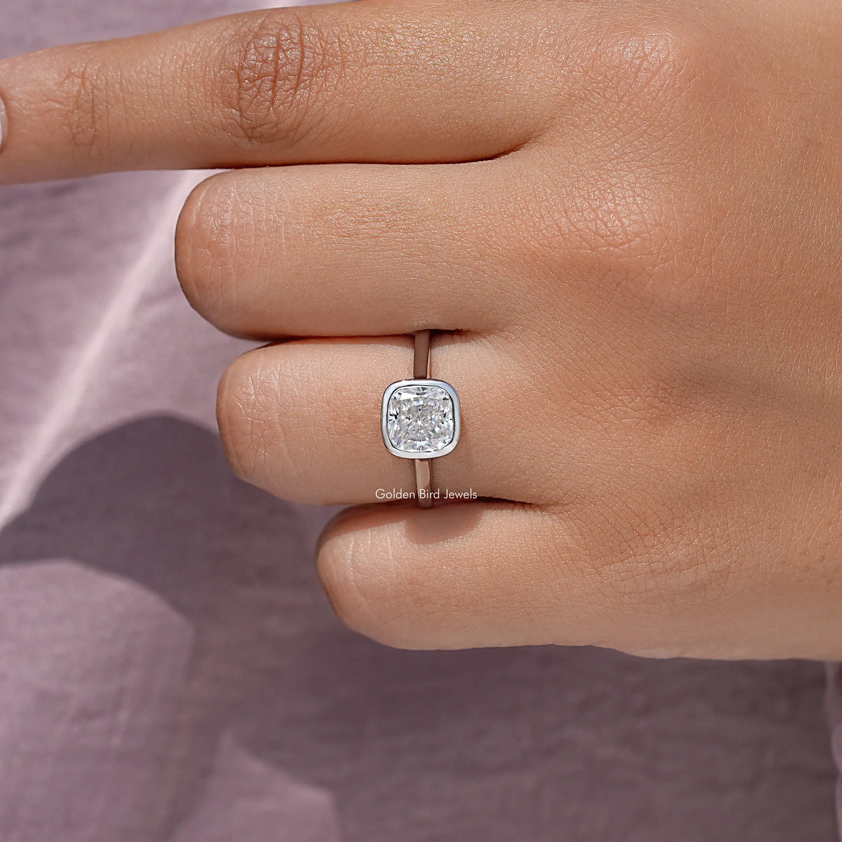925 sterling silver promise ring with cushion moissanite bezel setting, top view