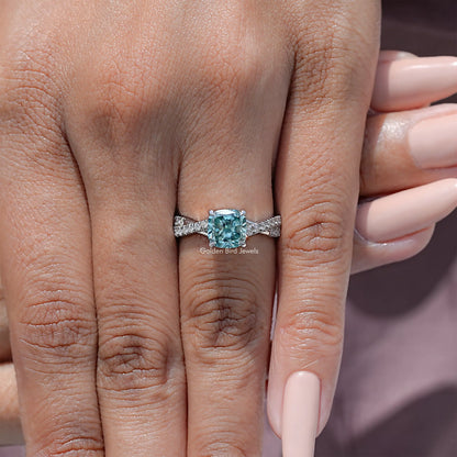 925 sterling silver moissanite engagement ring with twisted band and blue cushion center