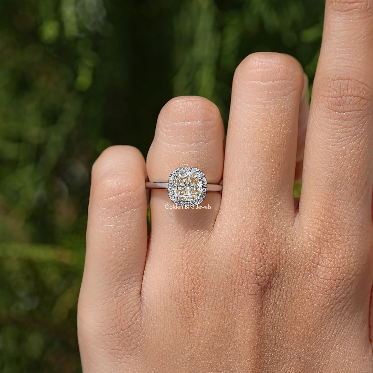 Old mine cushion-cut champagne moissanite halo ring with round halo on sterling silver band