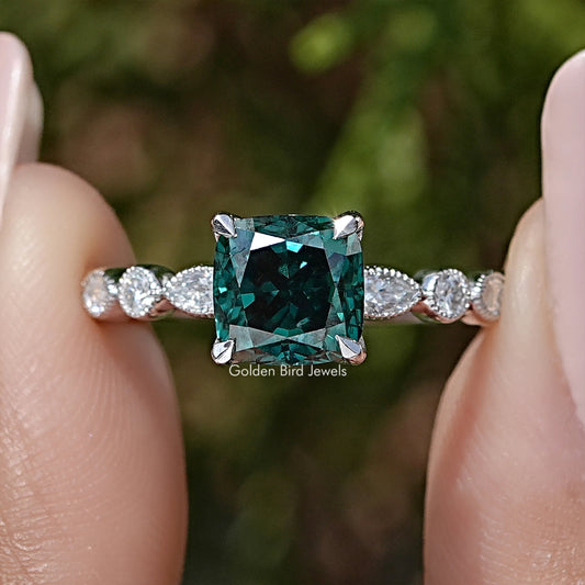 925 sterling silver moissanite engagement ring with cushion-cut teal center and diamond halo