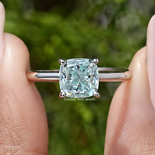 Sterling silver cushion-cut moissanite solitaire ring, front view with prongs
