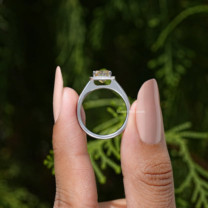Old mine cushion-cut champagne moissanite halo ring on sterling silver band, side view