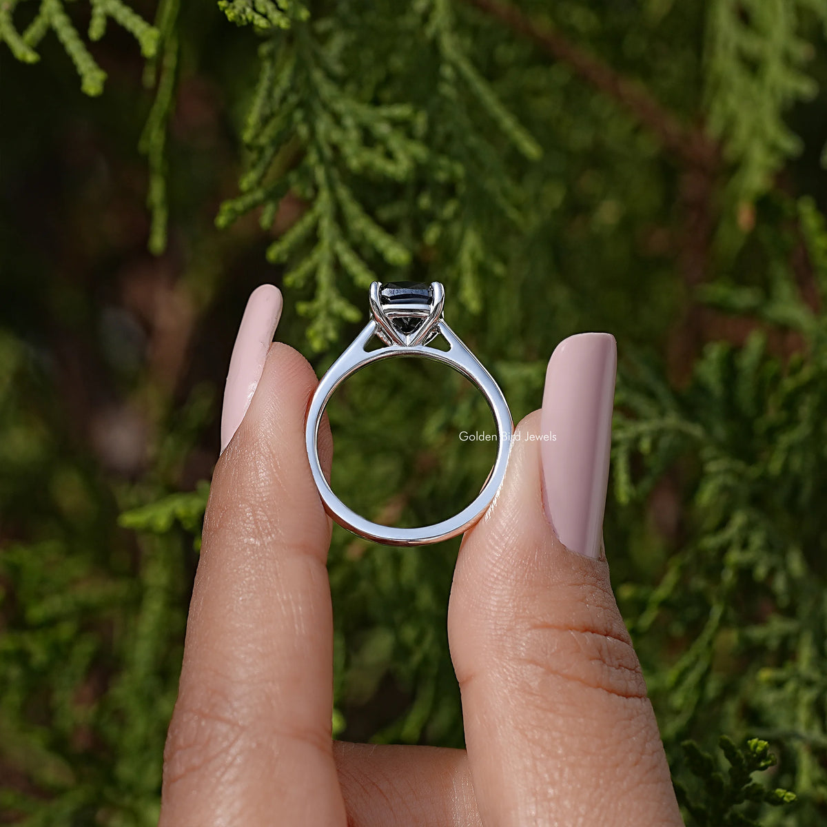 925 sterling silver black moissanite solitaire ring with cushion stone, front view