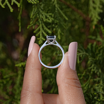 925 sterling silver black moissanite solitaire ring with cushion stone, front view