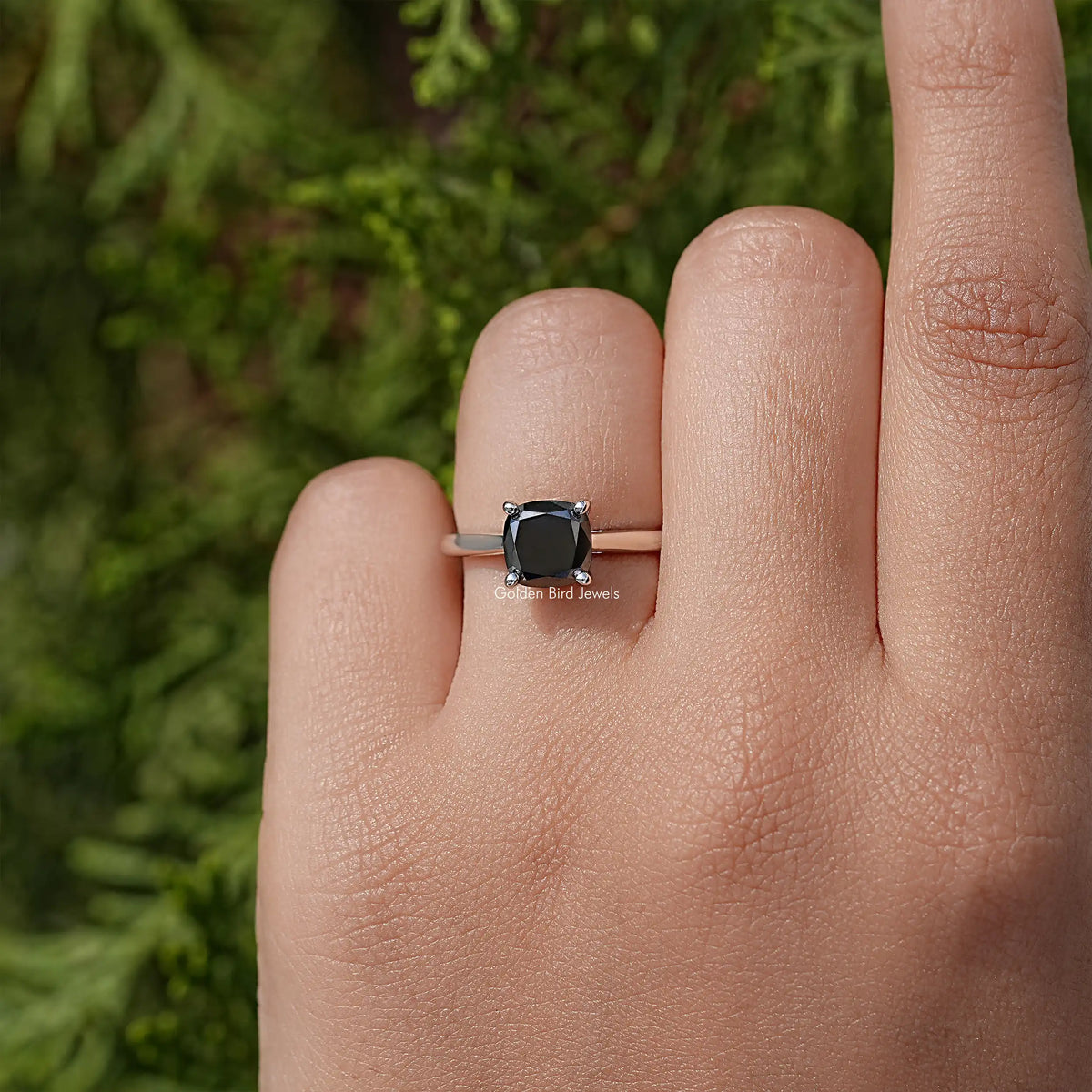 925 sterling silver cushion-cut black moissanite solitaire ring, side view