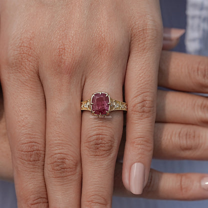Cushion alexandrite accent stone ring with gold band and side pavé stones