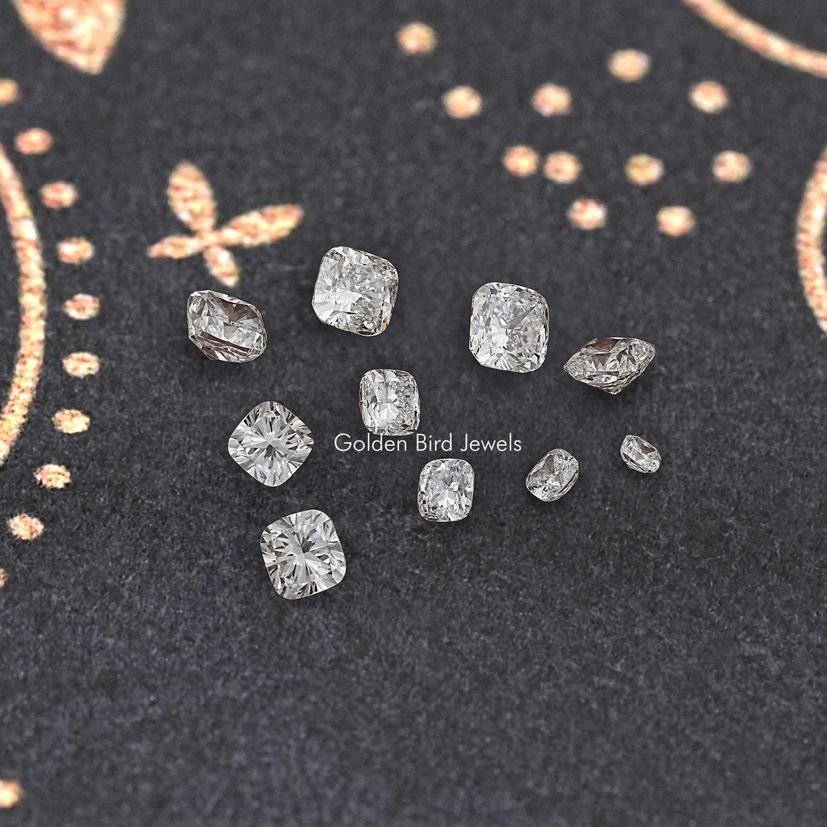 Cushion-cut lab-grown diamonds scattered display, small square/round facet shapes