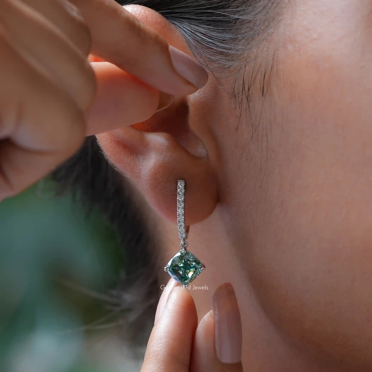 Cushion-cut blue green moissanite drop earring with pavé silver hoop