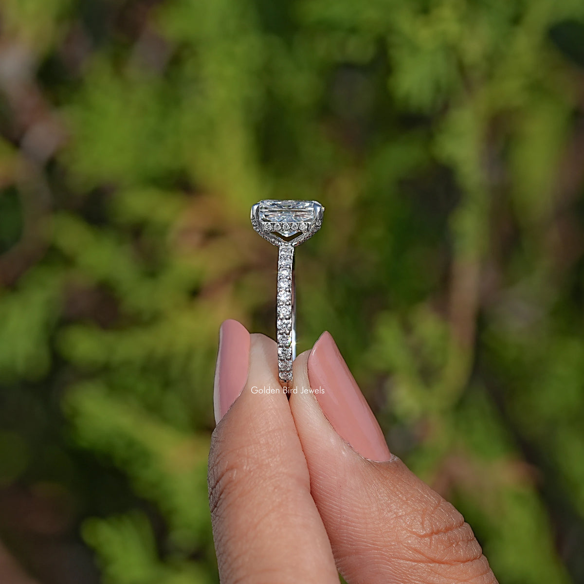 Side View Of Cushion Hidden Halo Engagement Ring
