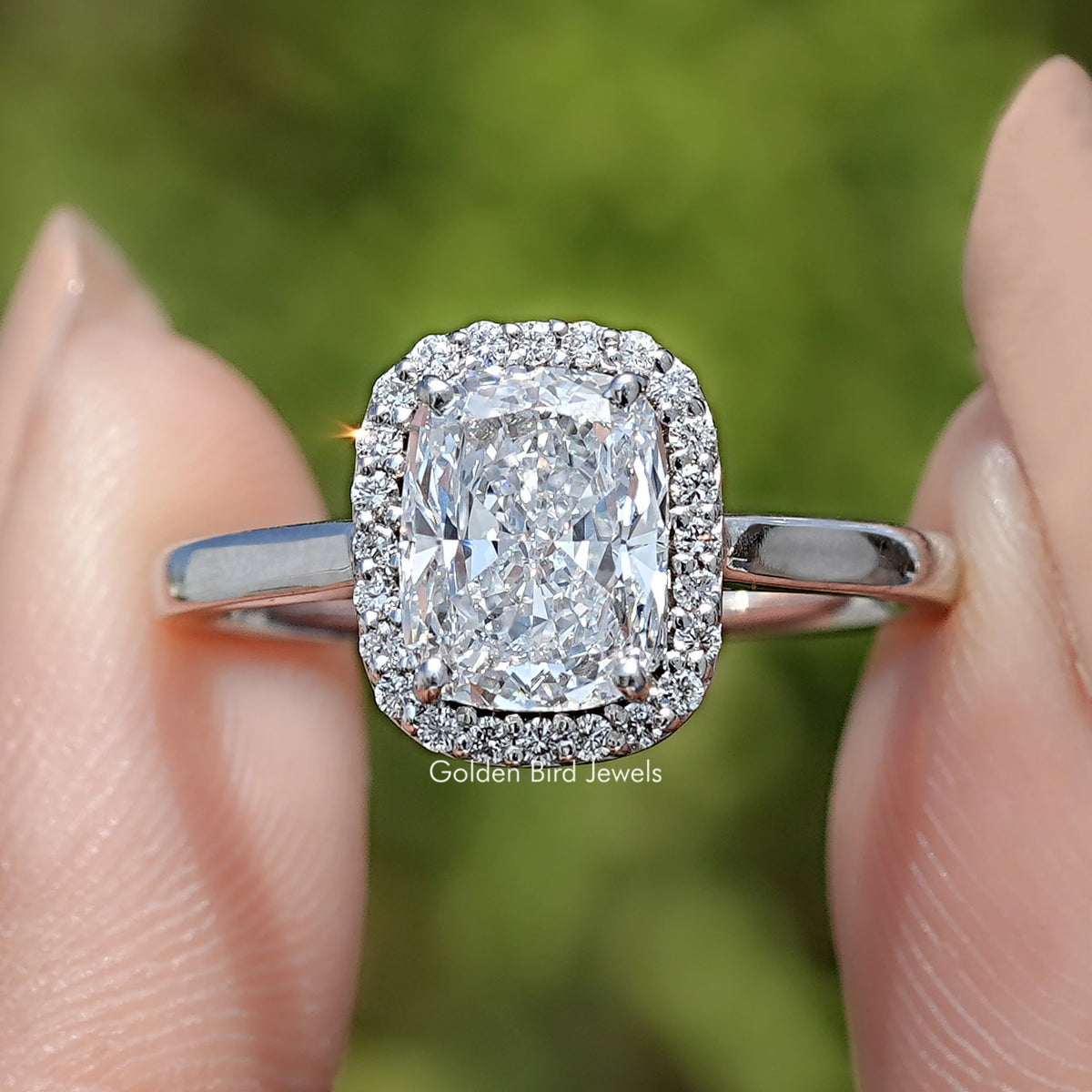 Front View of Elongated Cushion Cut Lab Diamond Halo Engagement Ring
