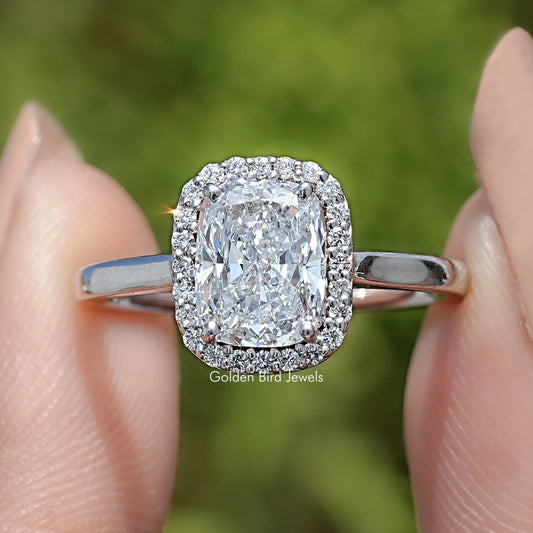 Front View of Elongated Cushion Cut Lab Diamond Halo Engagement Ring
