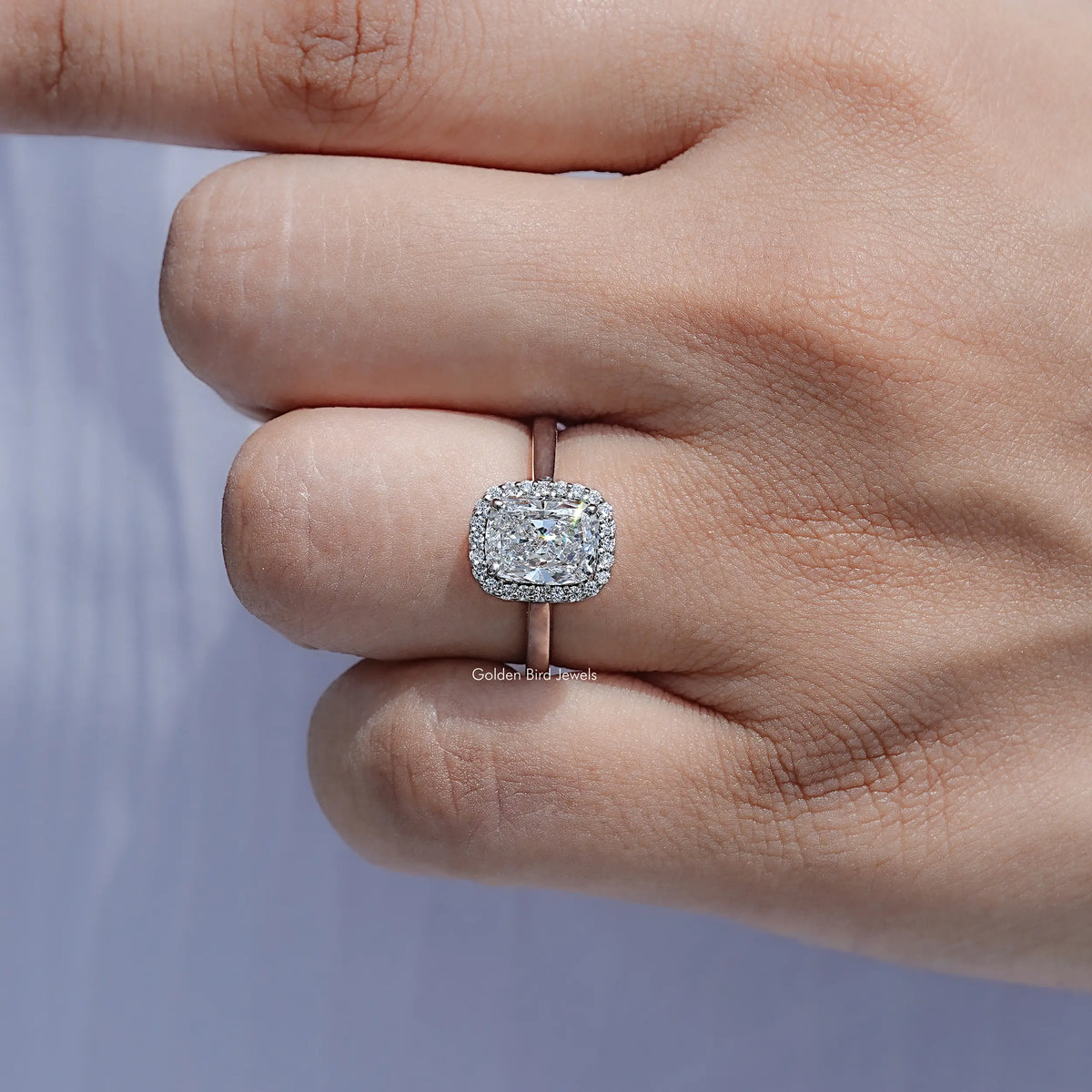 Close View Of Cushion Lab Diamond Halo Engagement Ring	
