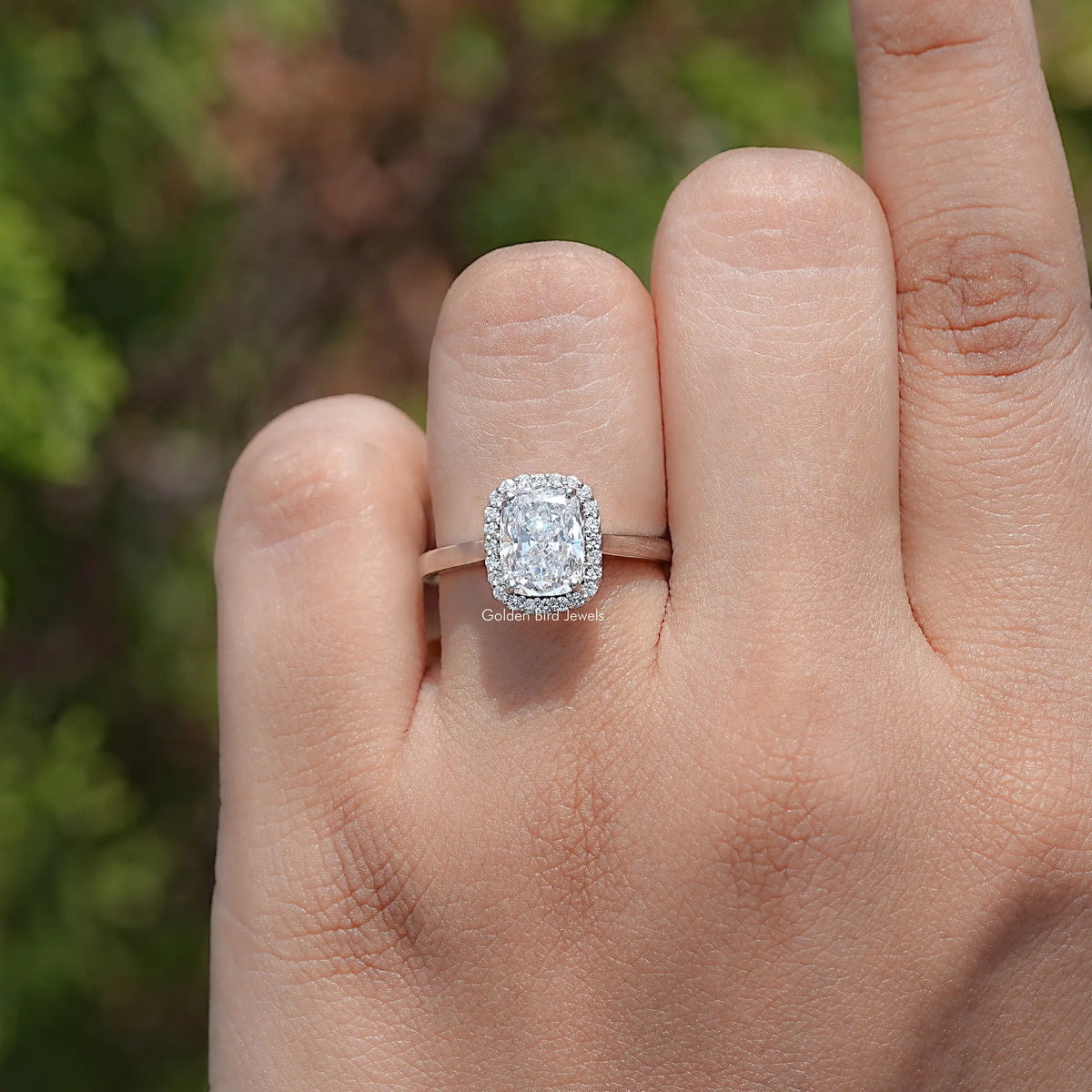 Top View Of Elongated Cushion shaped diamond engagement ring 
