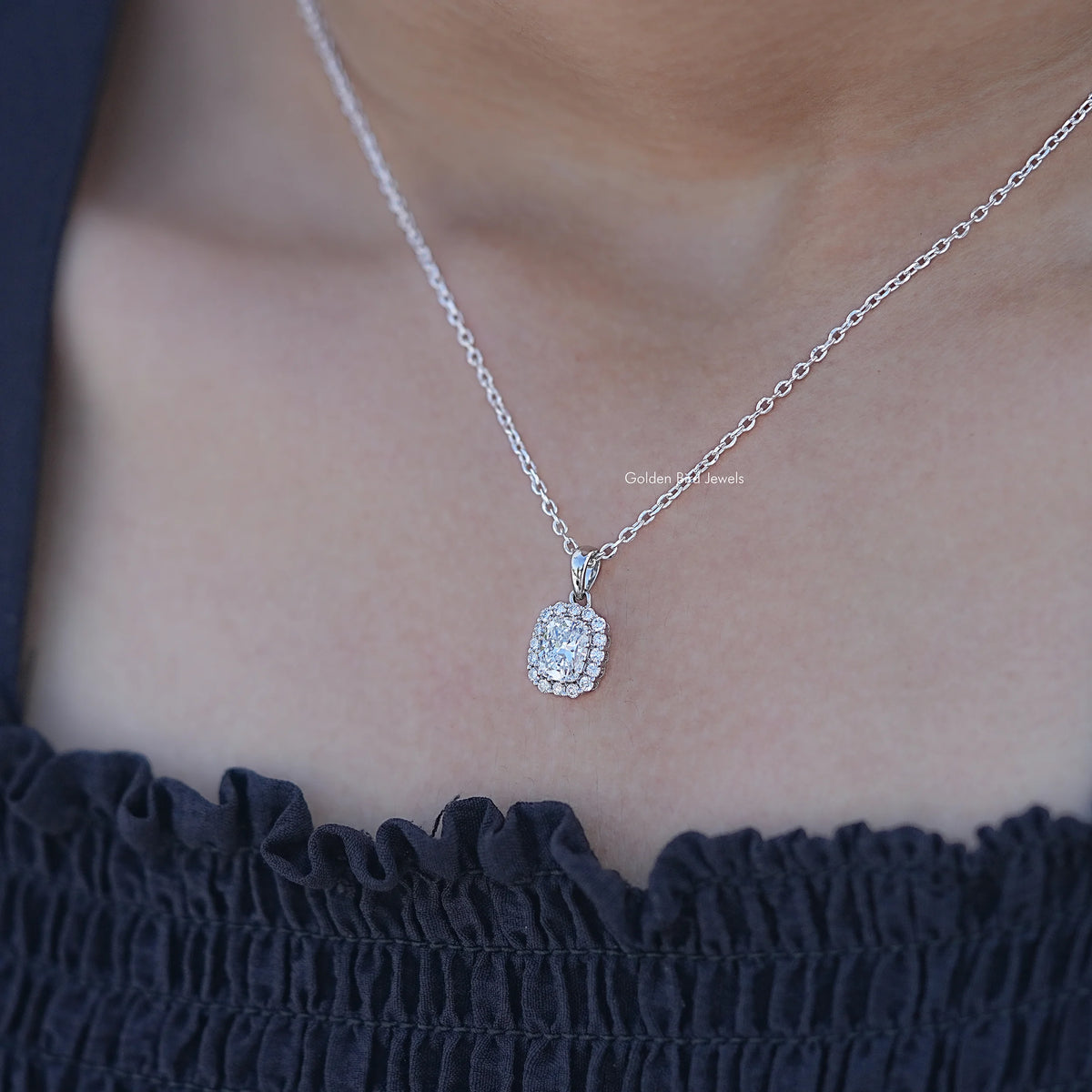 In Neck View of Cushion Cut Lab Diamond Halo Pendant Necklace