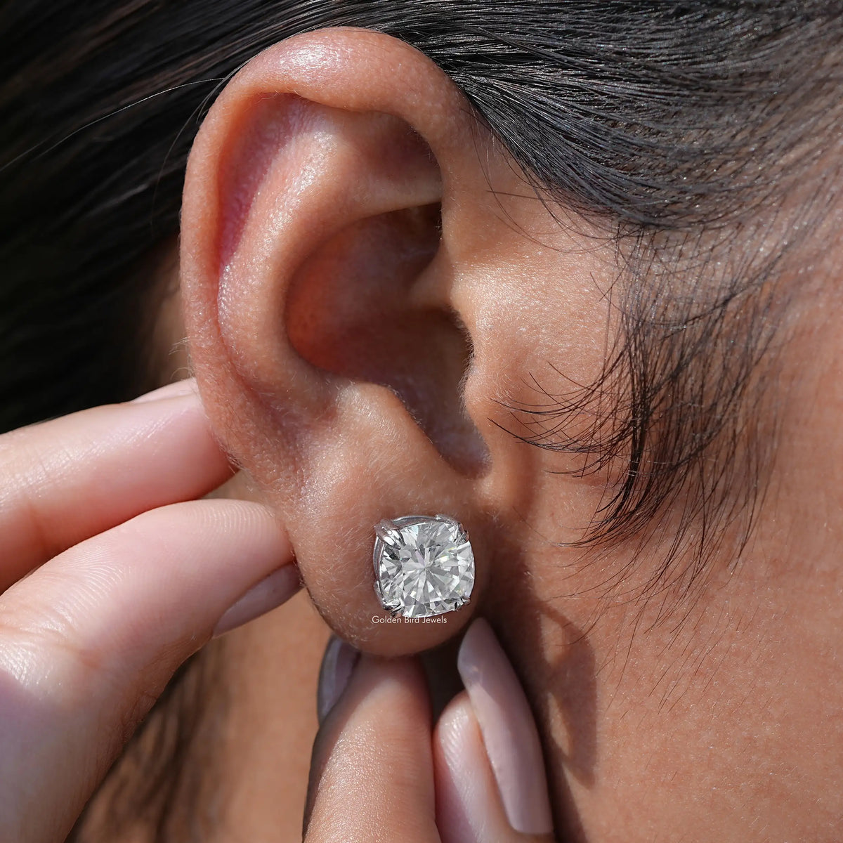Close view of Moissanite cushion Cut Studs