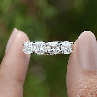 Silver cushion-cut moissanite eternity wedding band with five square stones
