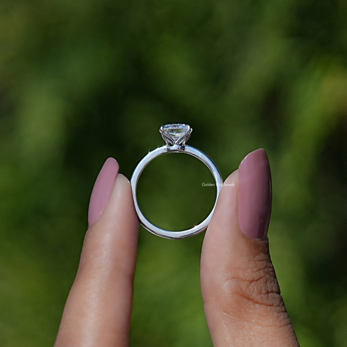 Back view of Cushion Cut Moissanite Solitaire Ring in secure setting 