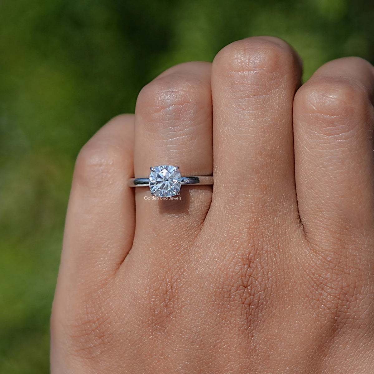 Close view of Cushion Cut Moissanite Solitaire Ring