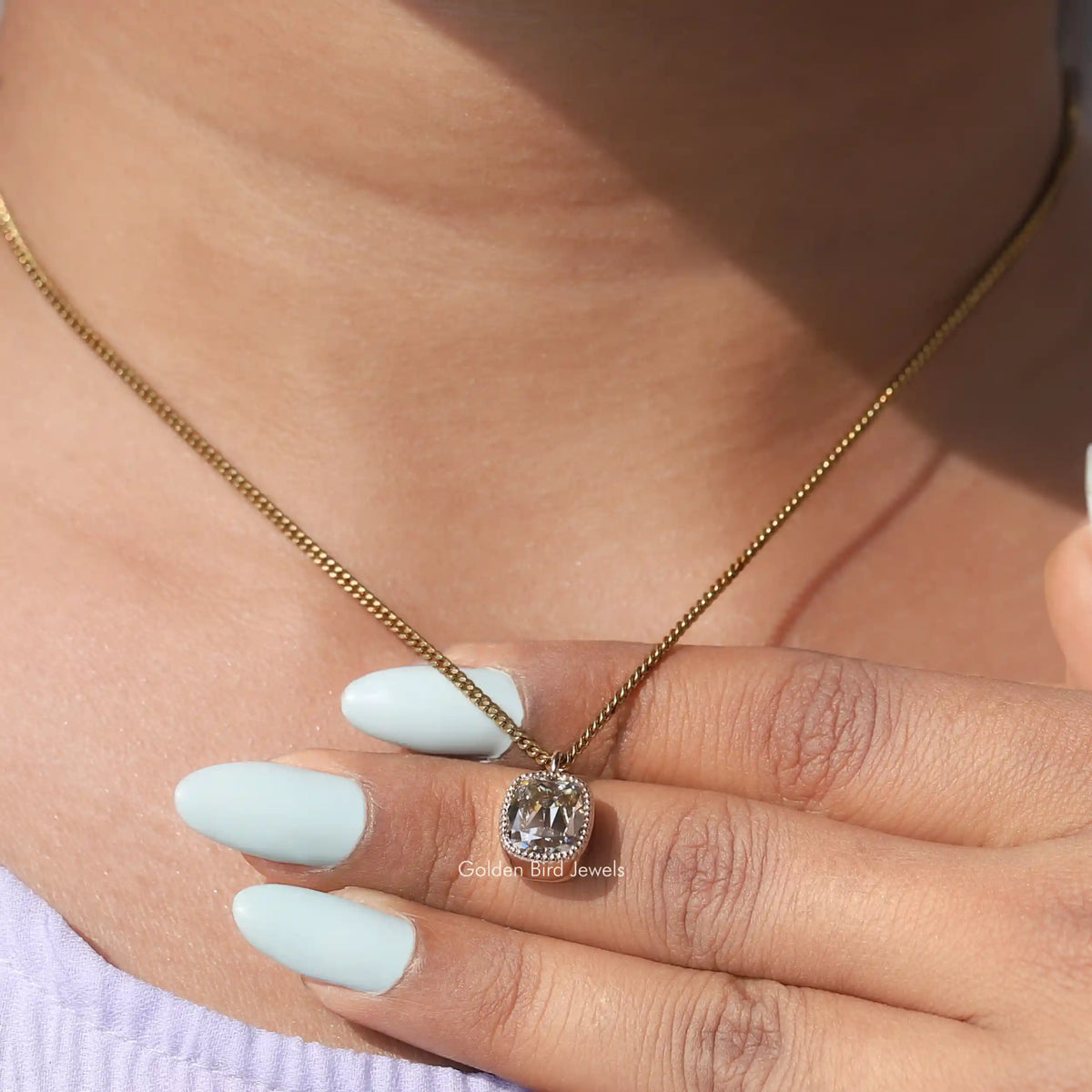 Detailed view of moissanite bridesmaid pendant

