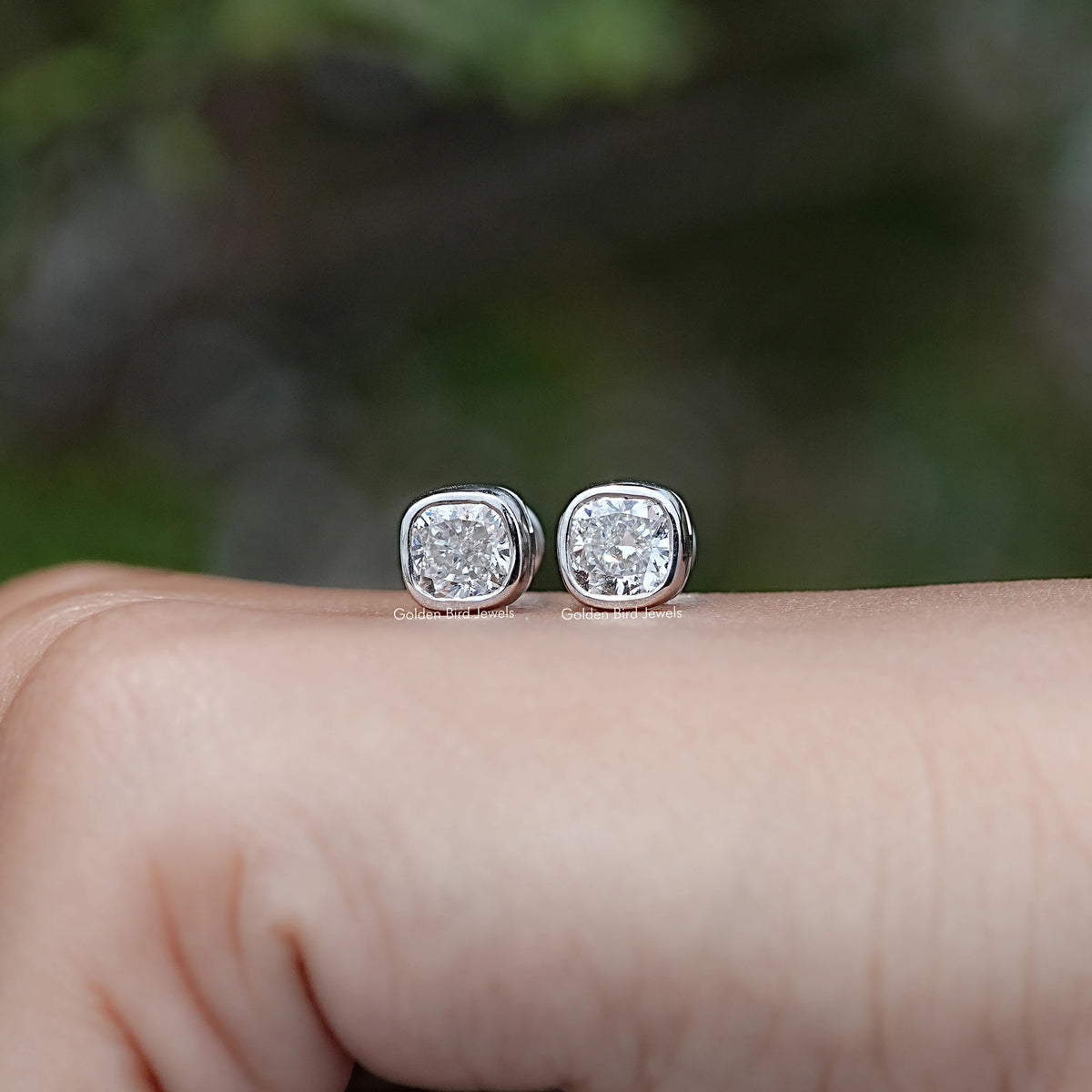 Front view of Cushion Cut Lab Diamond Set Stud Earrings