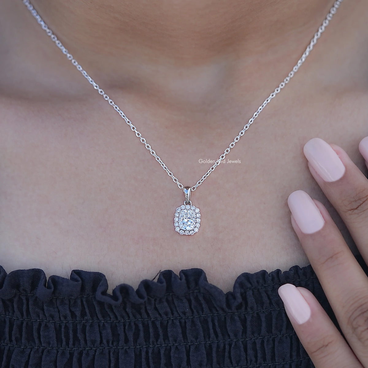 Detailed View of Cushion Cut Lab Diamond Halo Necklace