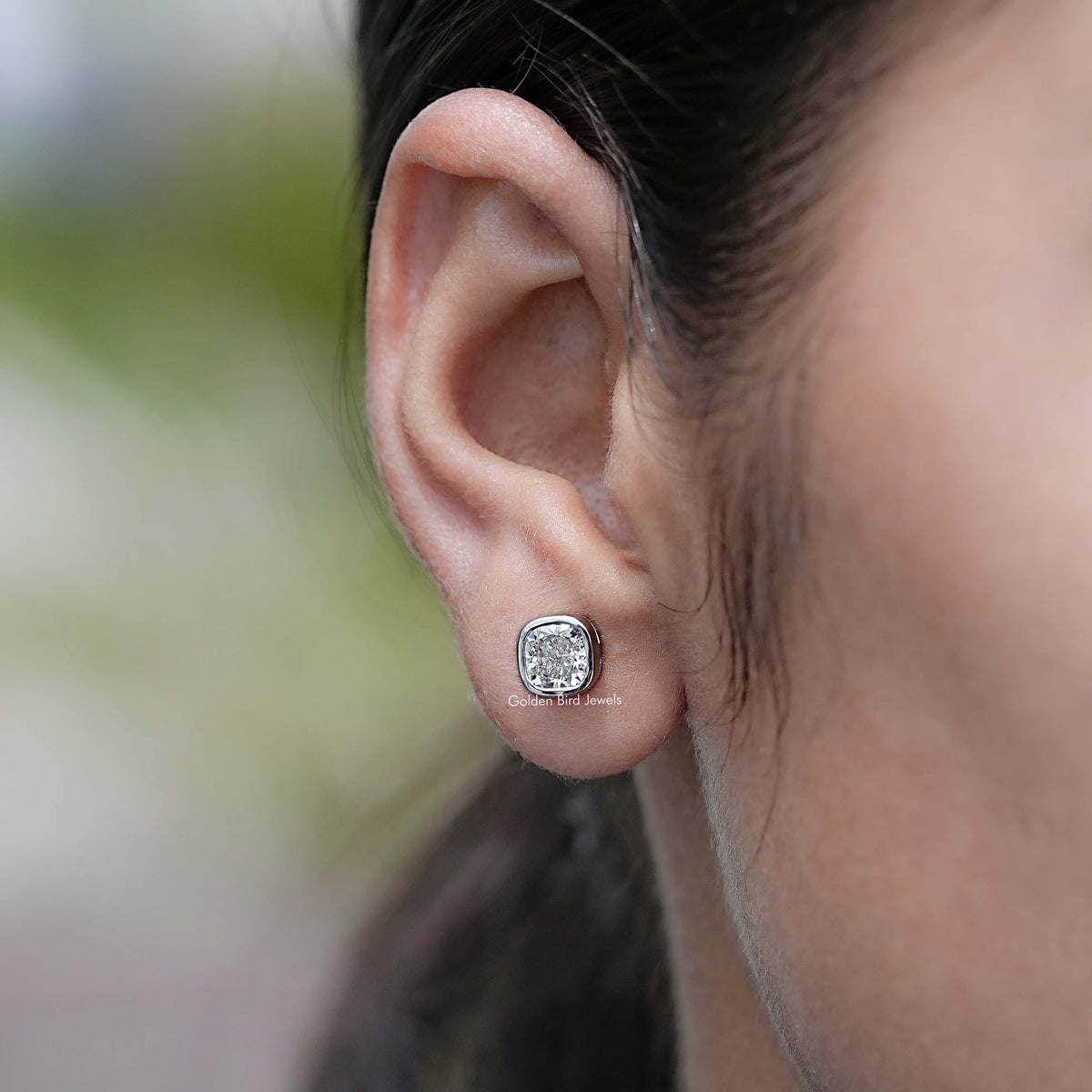 Side View of Cushion Cut Lab Diamond Bezel Set Stud Earrings