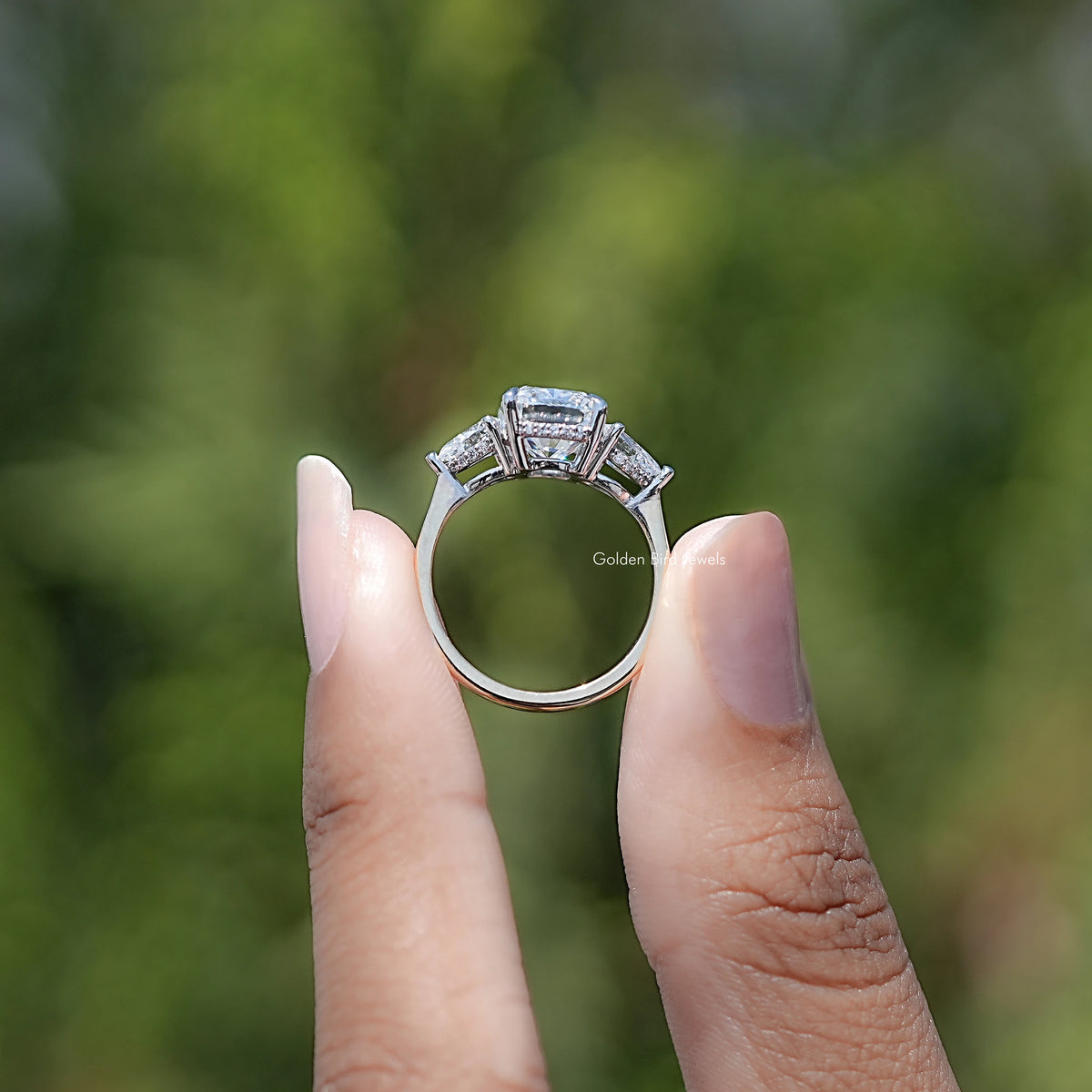 Back view of Cushion Diamond Three Stone Hidden Halo Ring