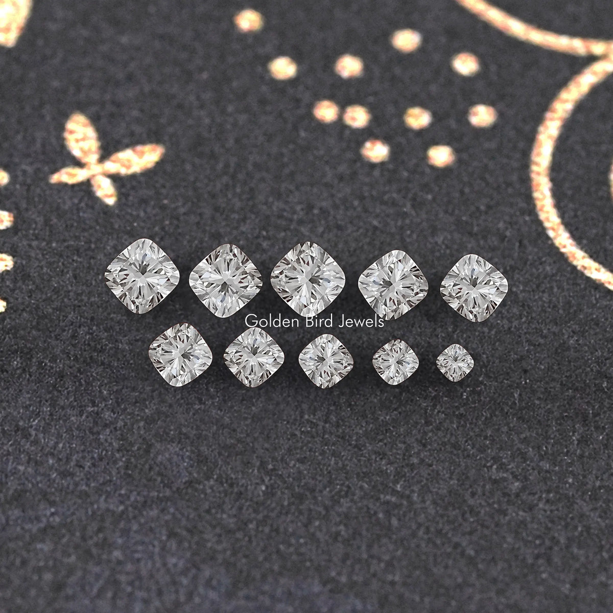 Row of cushion-cut lab-grown diamonds, multiple sizes, sparkling facet surfaces