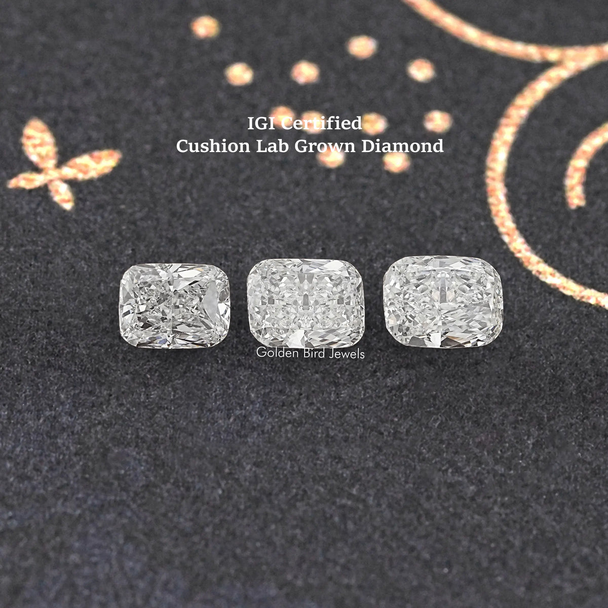 IGI Certified cushion lab-grown diamonds, three loose elongated cushion-cut stones