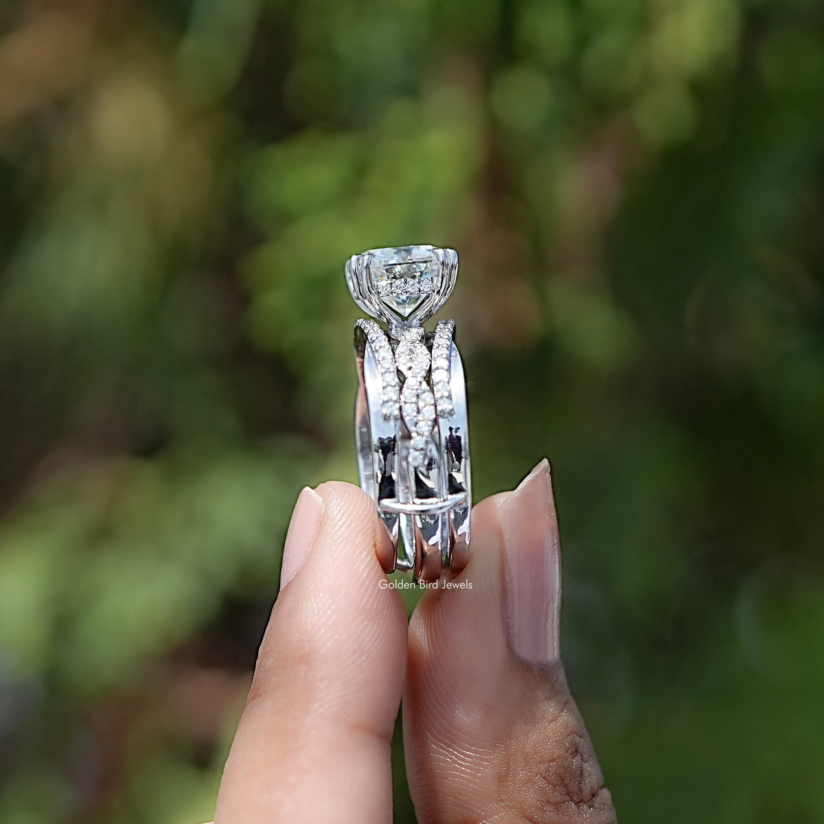 Side View of Cushion Cut Moissanite Accent Bridal Ring Set