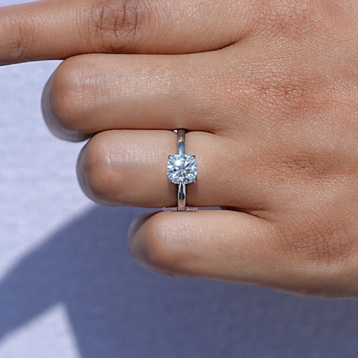 View of Cushion cut Moissanite Ring in prongs setting 