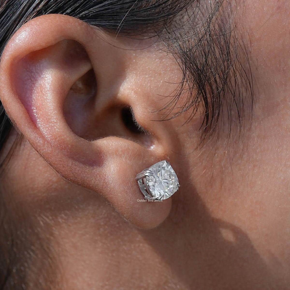 View of Moissanite Cushion Cut Stud Earrings