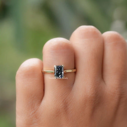 In finger front view of Dark Gray Moissanite Engagement Ring 