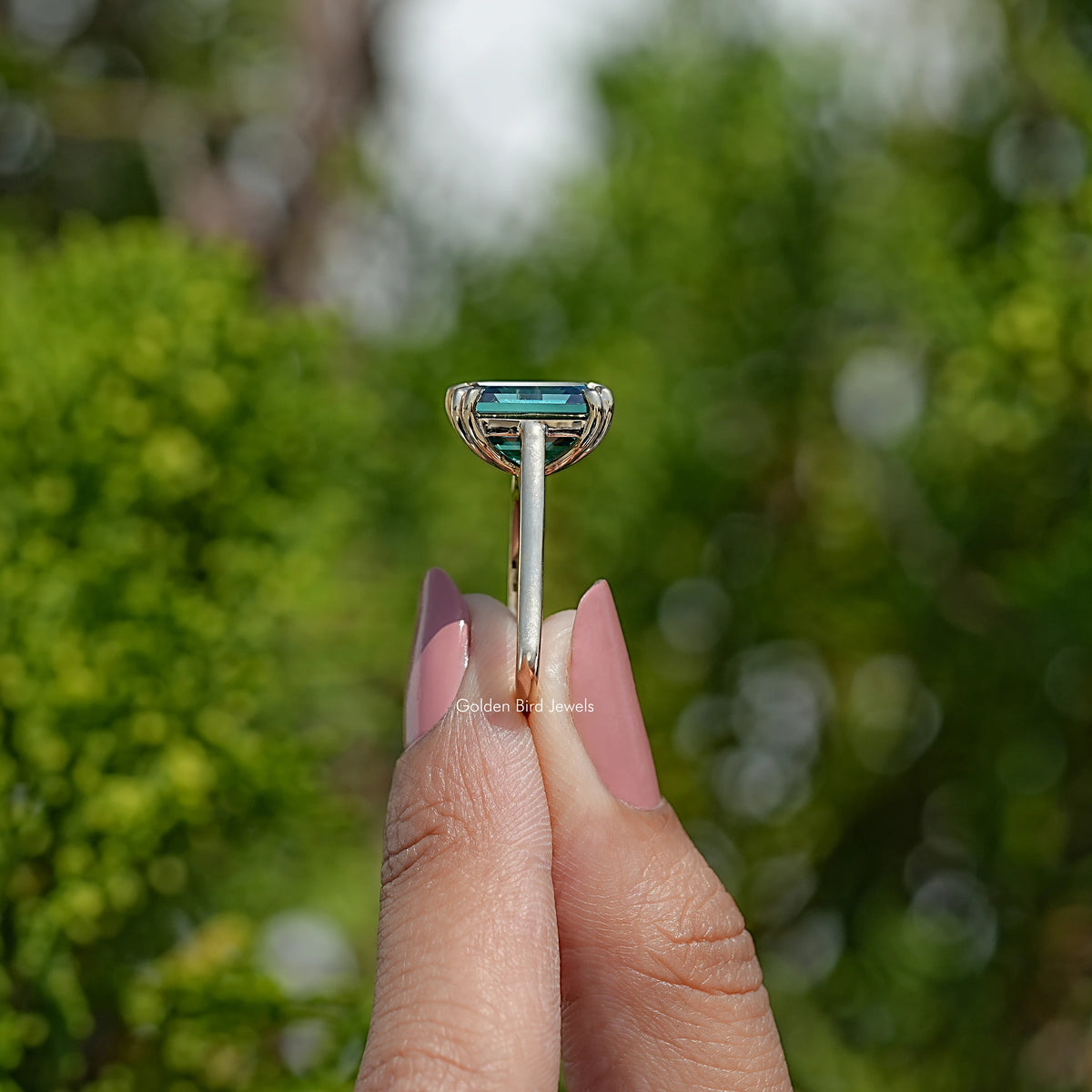 Side View Of Dark Green Emerald Moissanite Ring