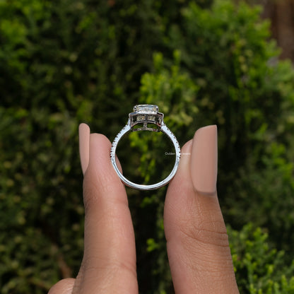 Sterling silver moissanite halo engagement ring side view, prong-set center stone