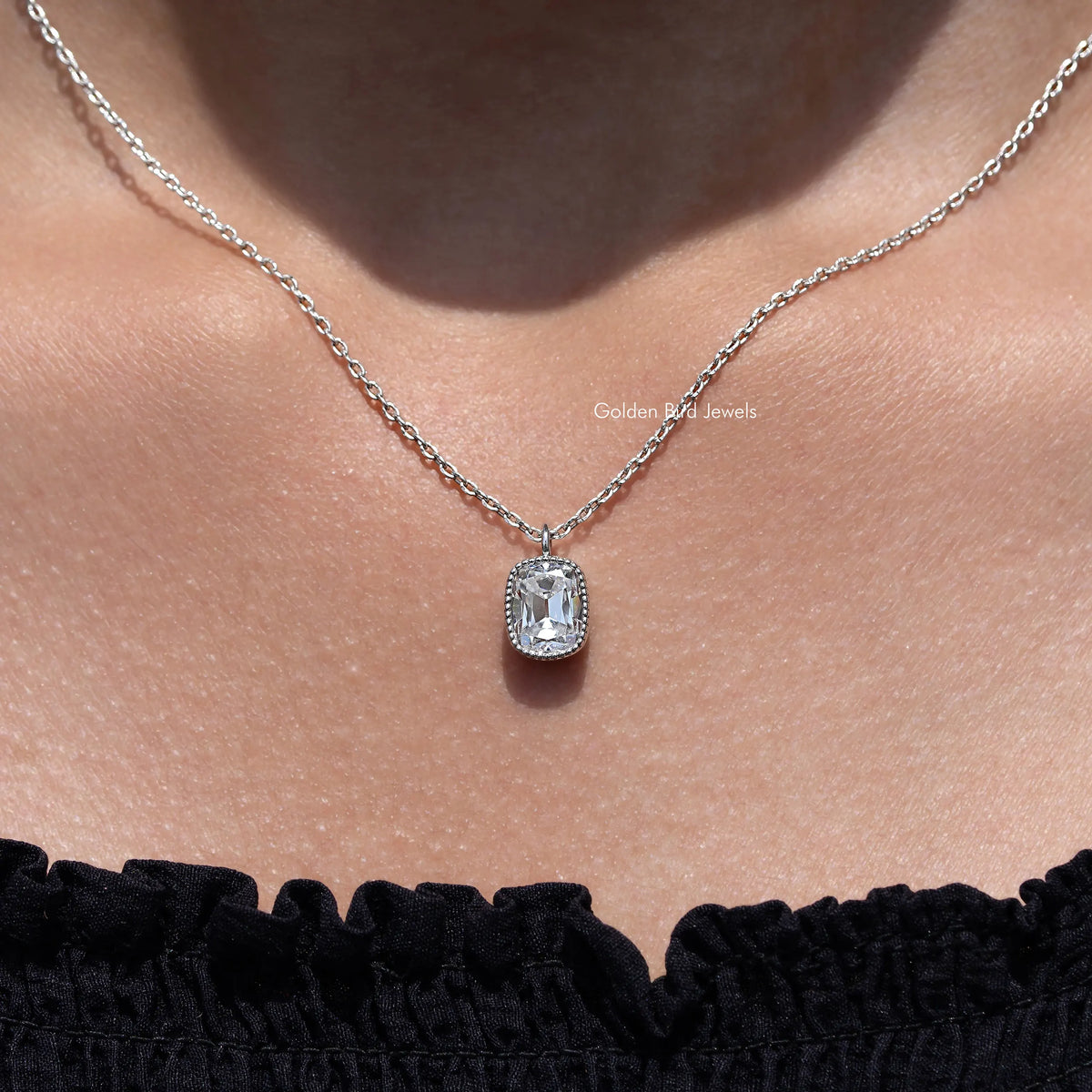 Cushion-cut moissanite solitaire pendant necklace, silver chain and prong setting