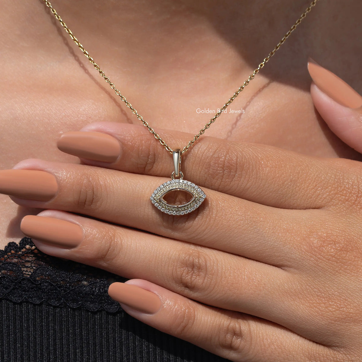 Moissanite open marquise cut pendant necklace with pavé halo on a chain